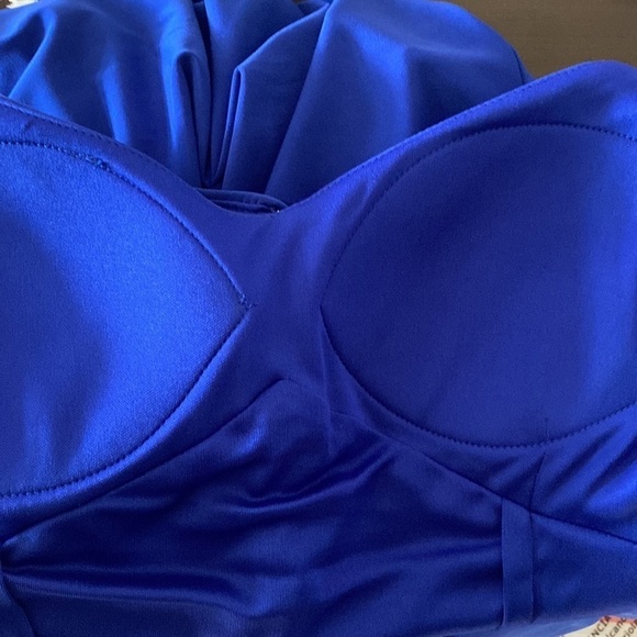 MARINA Blue Stretch Rhinestone Collar Jewel Neck Sheath Cocktail Dress size 6 - Picture 7 of 9